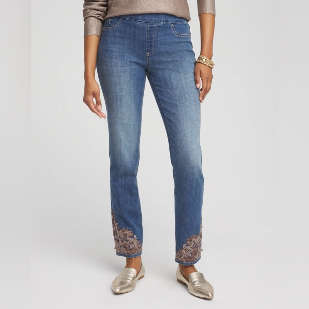 NWT Chico’s Embellished Hem Pull On Ankle Jeggings Size 14 Artisanal Glam